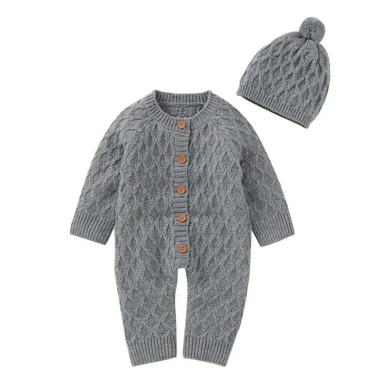 

New Winter Warm Infants Romper Knitting Jumpsuit Suit Long Sleeve Round Collar Crotch Buttons Sweater Rompers Clothes Hat