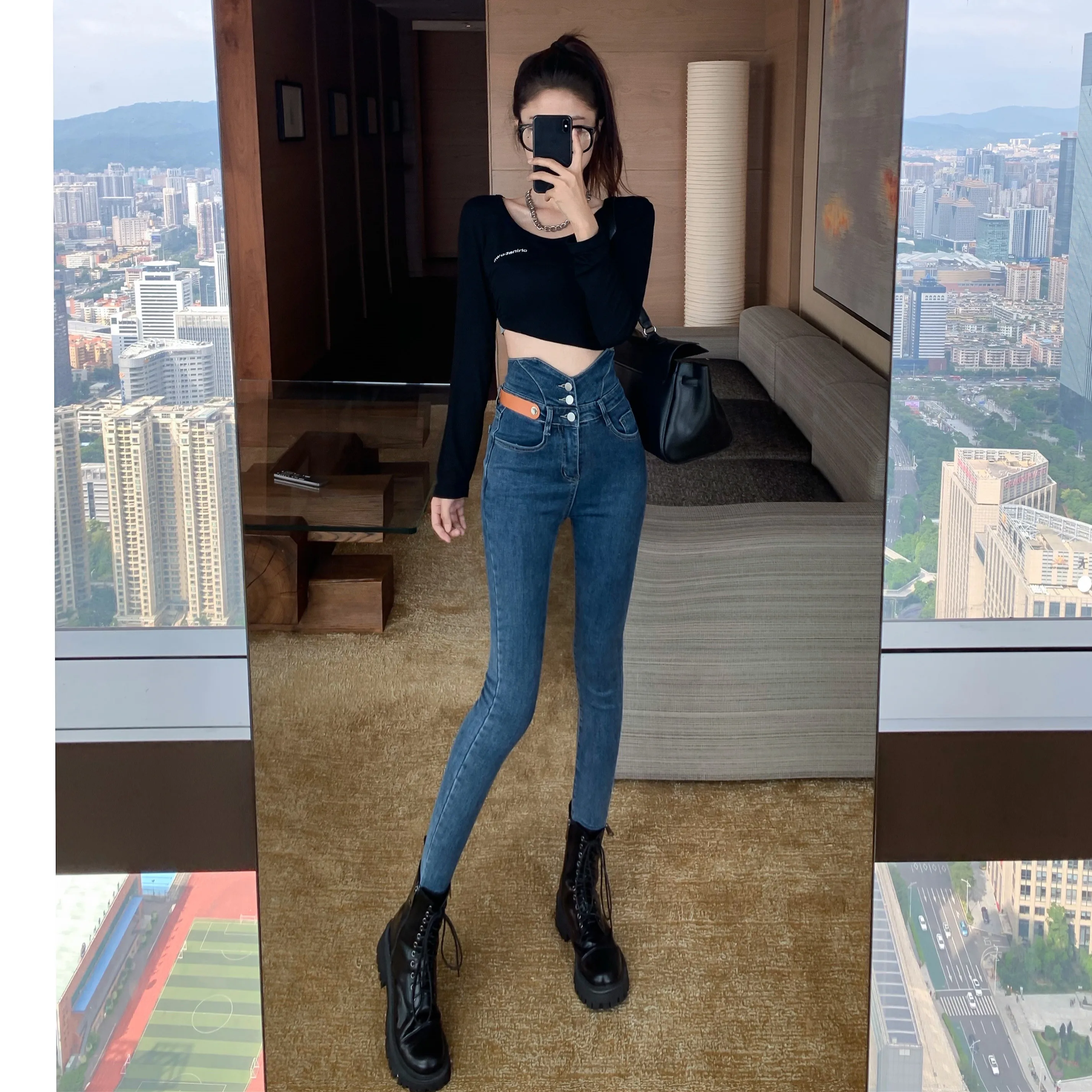 

Spring Thickened Skinny Jeans High Waist Black Stretch Jeans Women Fashion Denim Female Jeans Push Up Pants
