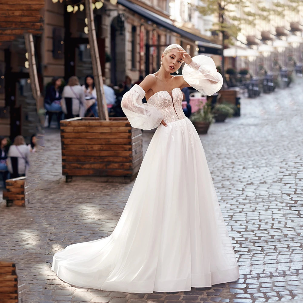 

V-Neck Boho Wedding Dress Detachable Puff Long Sleeve Lace Up Back Vestidos De Novia Tulle Appliques Bridal Gowns 2021