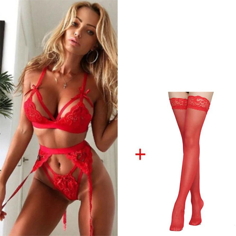 

4Pcs Underwear Sets Sexy Hot Erotic Garters Push Up Bras Sling G-string Set Lace Transparent Open Bra Sexy Lingerie & Briefs Set