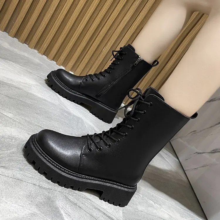 

Women Motorcycle Boots Wedges Flat Shoes Woman High Heel Platform PU Leather Boots Lace Up Women Shoes Black Boots Girls