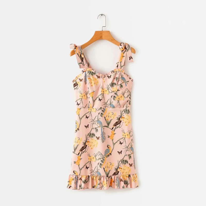 short-khaki Летнее женское Повседневное платье с цветочным принтом и оборками, тонкое пляжное платье на бретельках - Цвет: short-khaki