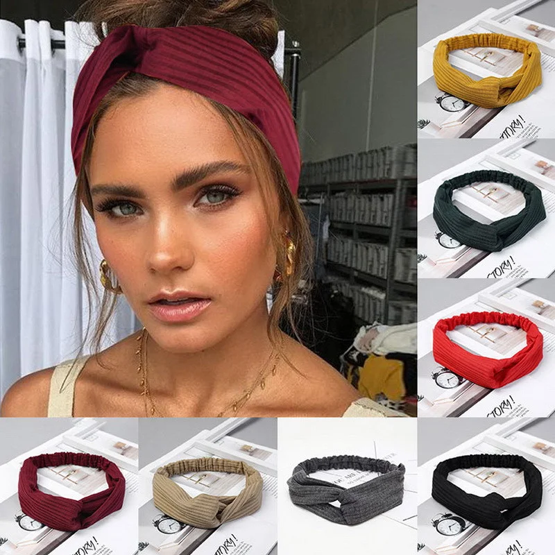Fashion Women Headband Vintage Cross Top Knot Elastic Knit HairBand Solid Color Girls Hairband Hair Accessories Twisted Headwrap