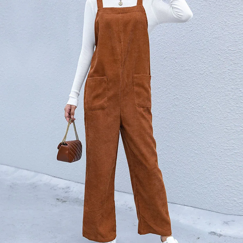 

2021 autumn winter new fashion all-match women's brown loose high waist corduroy pocket suspender trousers