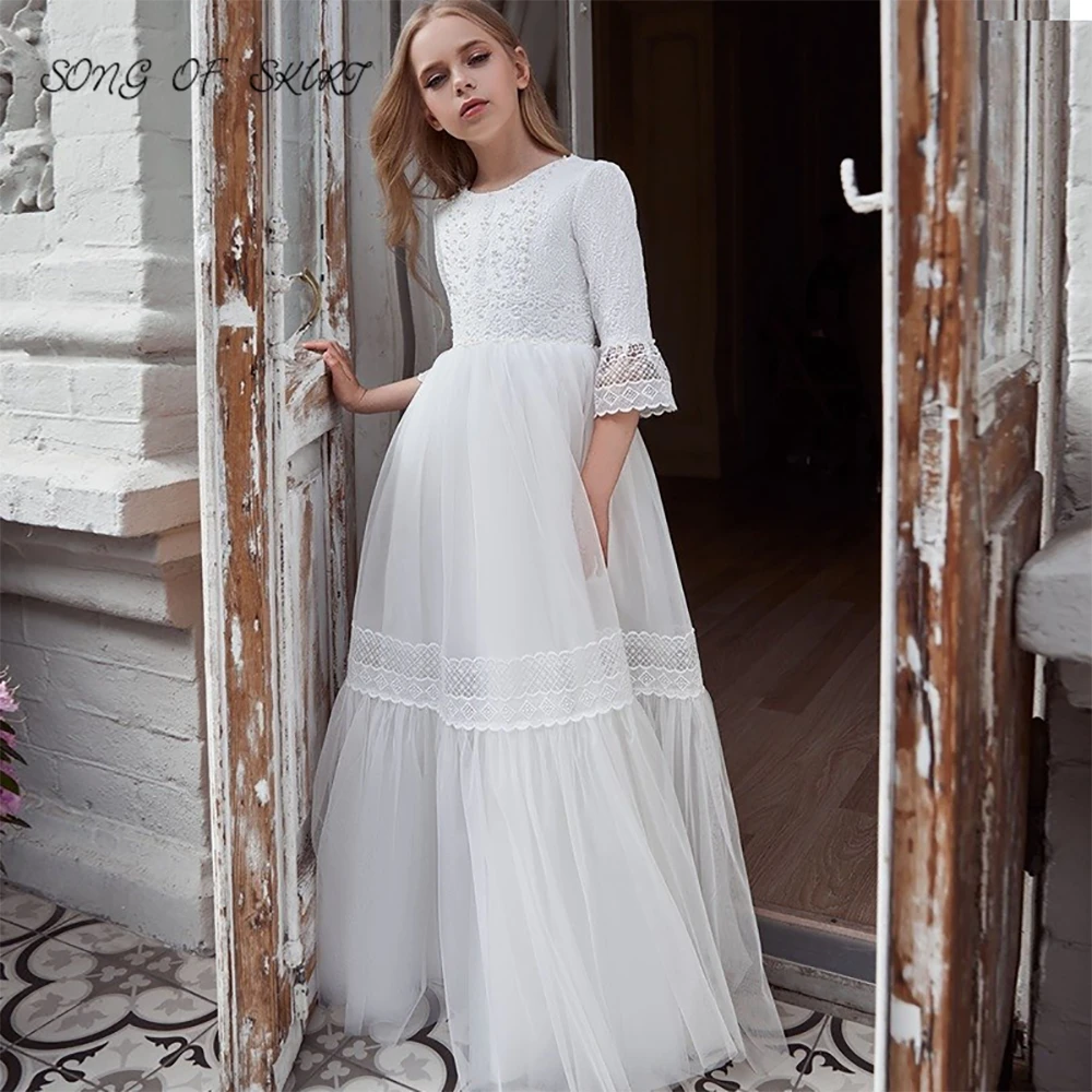 

Elegant Lace Flared Sleeves Wedding Flower Girl Dresses White Beading Long Children Birthday Party Gown платье для девочк