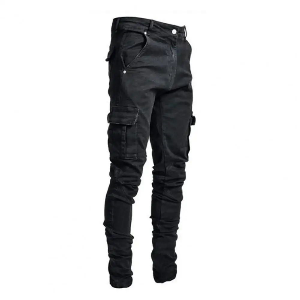 

Multi Pockets Men Jeans Solid Color Denim Hip Hop Jeans Multi Pockets Skateboard Cargo Jeans Stretchy Skinny Jeans Trousers
