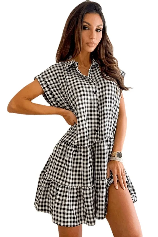 

Plaid Summer Women Shirt Dress Ruffled Turn Down Collar Short Sleeve Casual Robe Femme Vestidos