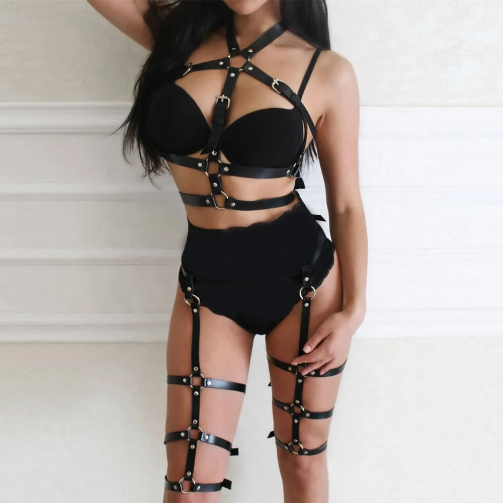 

GAMPORL Full Body Harness Sets Women Sexy Lingerie Bondage Body Leather Bra Harness Suspender Garter Belt Straps Fetish Stocking