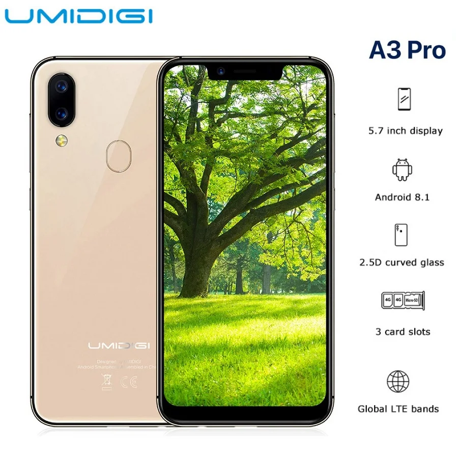 Смартфон UMIDIGI A3 Pro 4G MTK6739 5 7 дюймов 1512x720 пикселей четырехъядерный 3 ГБ ОЗУ 32 Гб ПЗУ