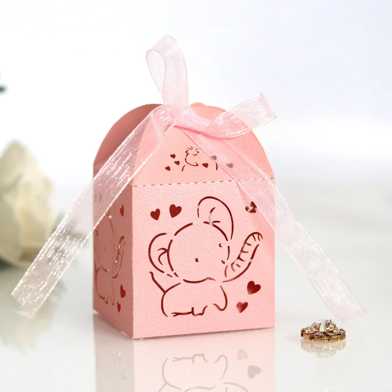 

100pcs Elephant Laser Cut Carriage Favors Chocolate Cookie Gift Box Candy Dragee Gift Boxes Baby Shower Communion Decoration