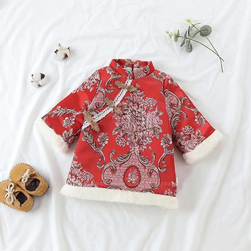 Детское платье Ципао в стиле ретро для девочек зимнее бархатное принцессы с