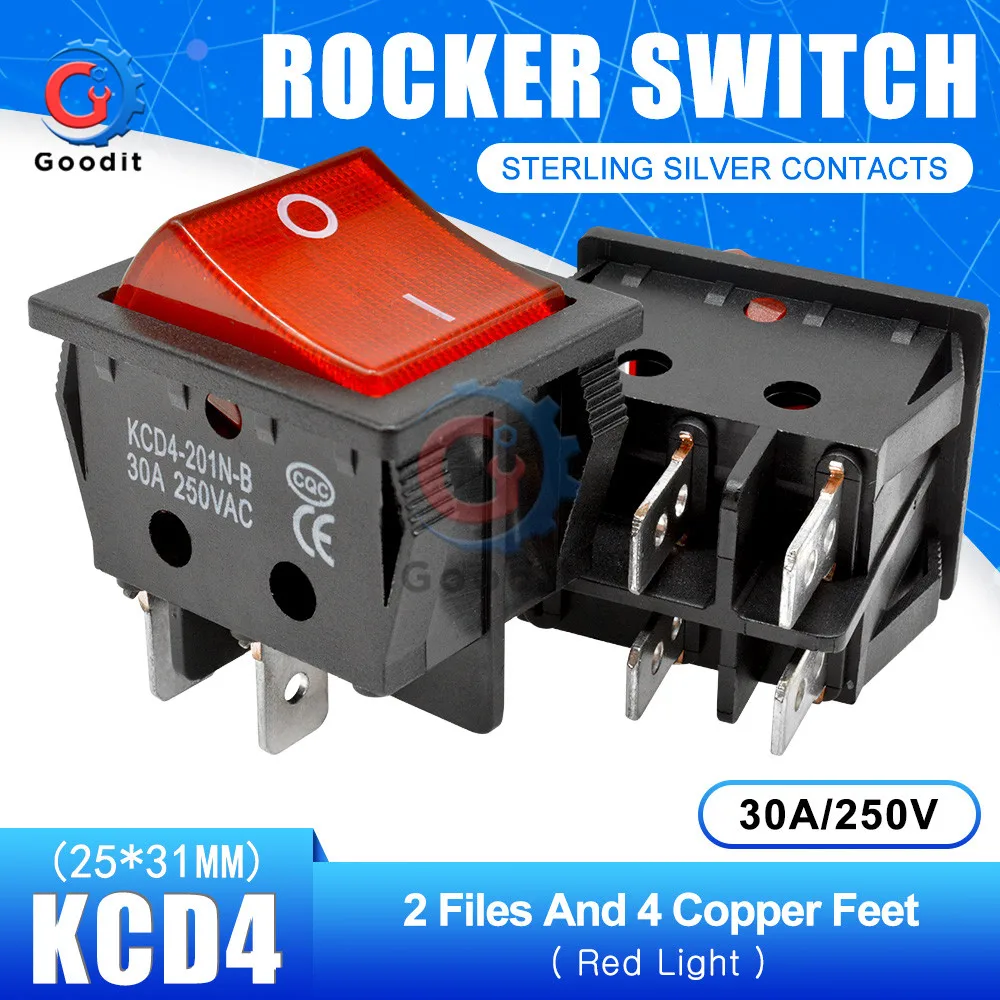 

5 шт./комплект, 4-контактный клавишный выключатель, 2-позиционная лампа, реле питания KCD4, 30 А/250 В, серебряные контакты, 25*31 мм