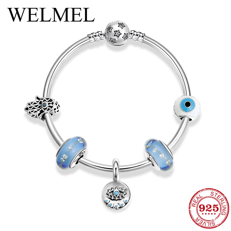 

European Murano Glass Beads Evil Blue Eye Charm Bangles 925 Sterling Silver Star Clip Beads Pendant Bracelets For Women