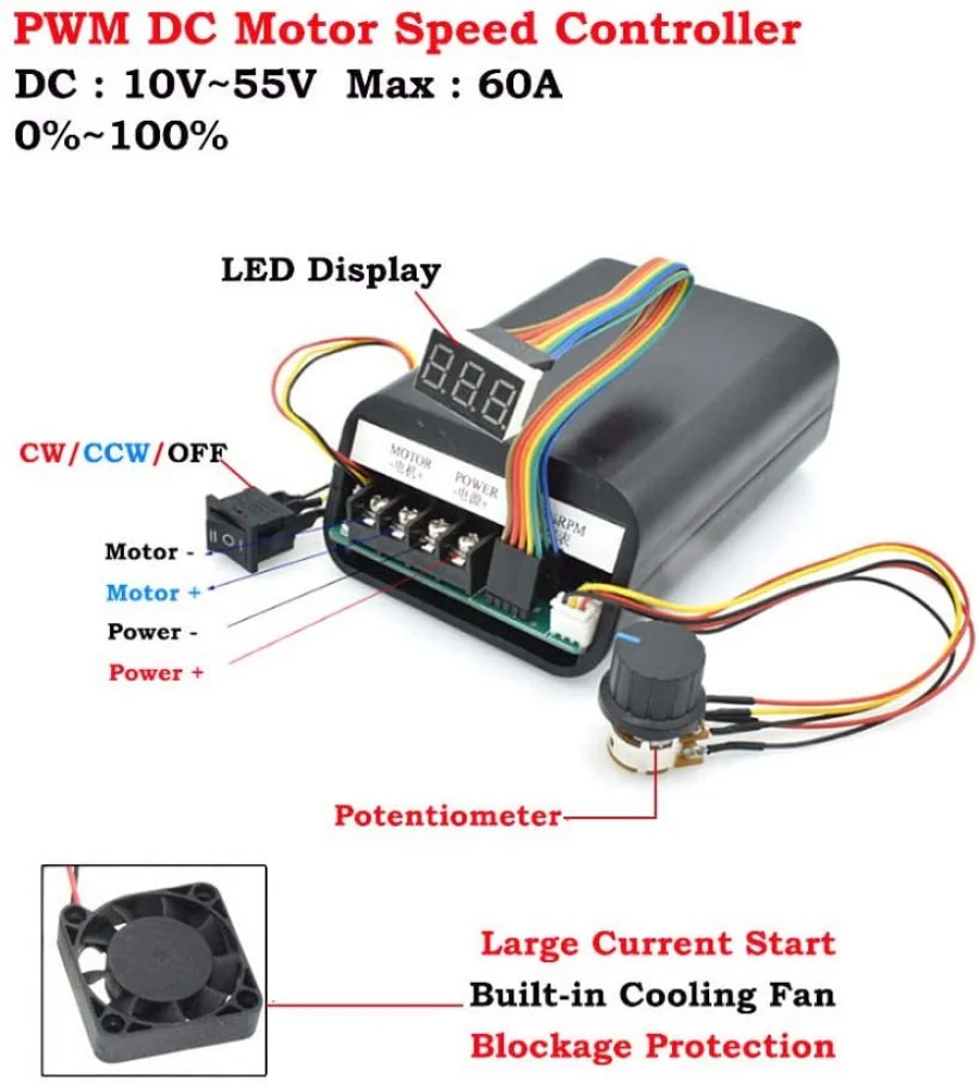 Максимальный ШИМ-контроллер скорости двигателя 60 А Регулируемый переключатель