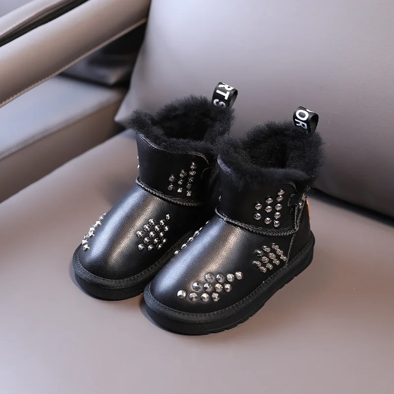 Ботильоны детские из ПУ кожи с заклепками на плюшевой подкладке без шнуровки