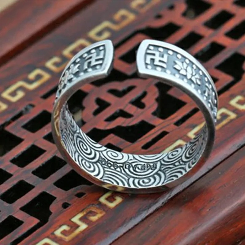 925 Чистое серебро ручной резной узор лотоса Ретро Индивидуальность тренд кольцо