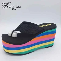 new 2019 super high heel women flip flops sandals slippers thick bottom platform slope beach female rainbow slides shoes