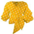 Блузка женская с поясом и бантом спереди, белый топ с пышными рукавами в горошек, большой размер 3XL, лето 2022