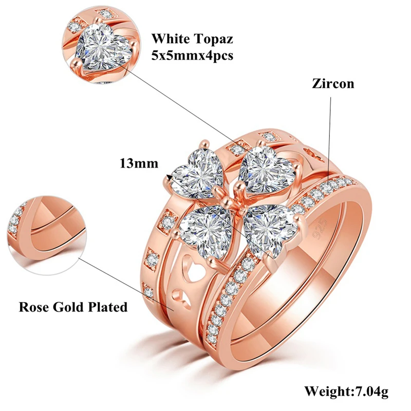 CiNily 3 in 1 Rose Gold Color LOVE Large Rings Clear Zirconia CZ Crystal Heart Stone Engagement Wedding Party Jewelry Woman Girl | Украшения