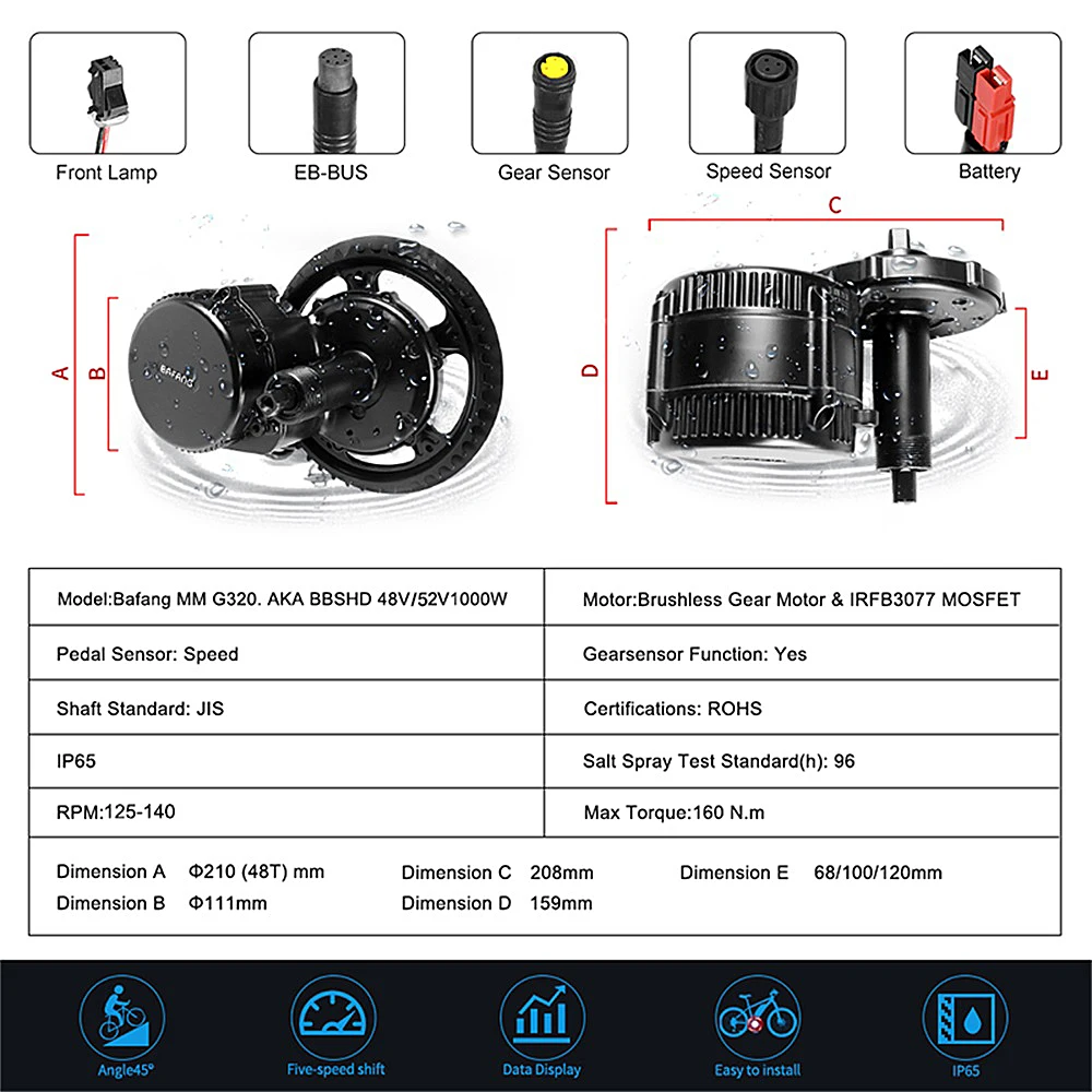 Bafang BBSHD 48V 1000W BBS03 Mid приводной двигатель для электрического велосипеда фара