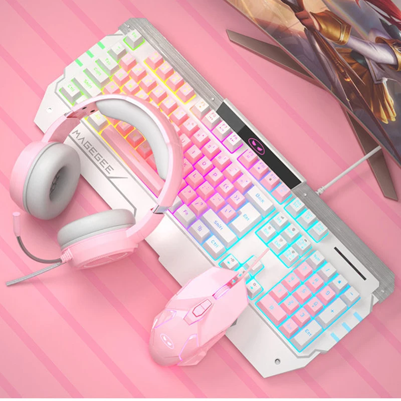 Розовая Механическая игровая клавиатура проводная USB для ПК геймеровского