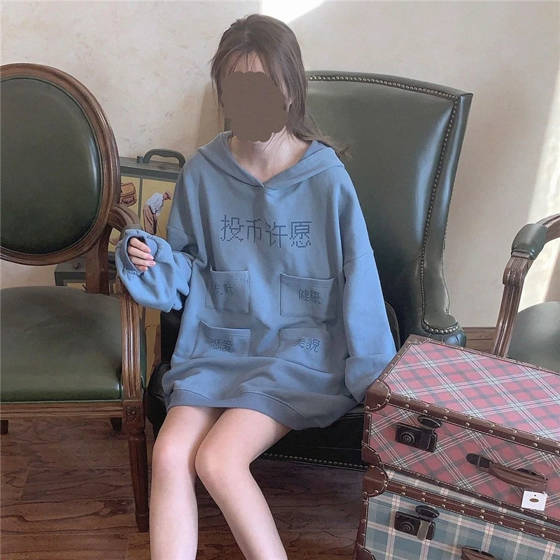 Японский Харадзюку осень весна женские толстовки с капюшоном негабаритных букв