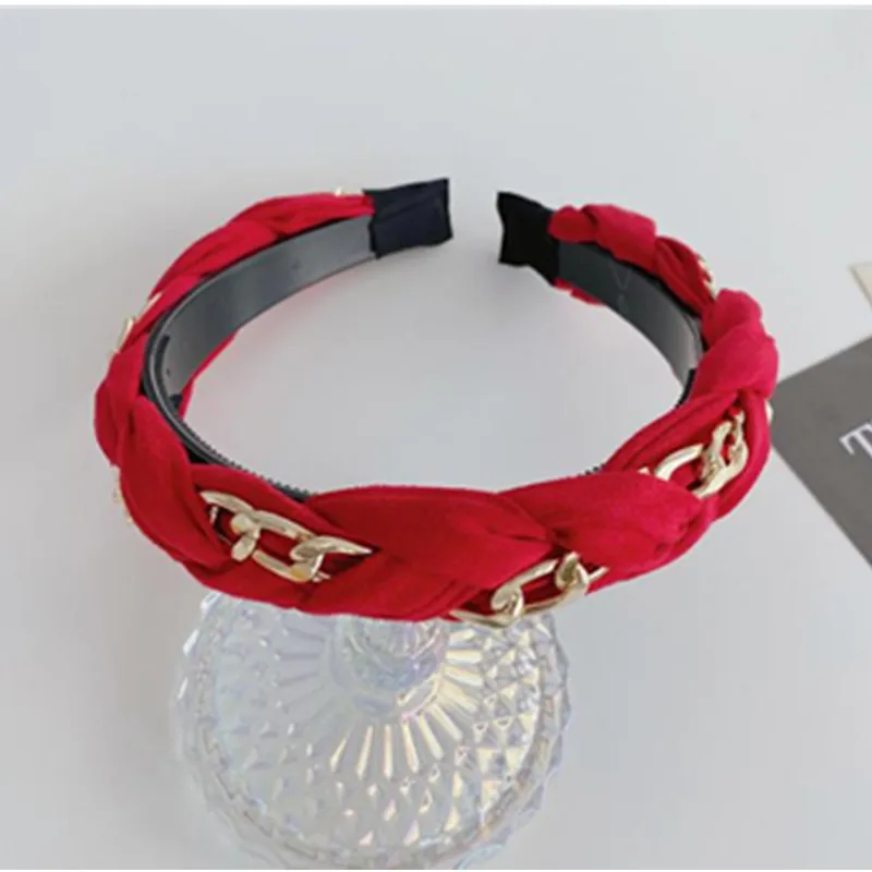 

Ladies Solid Velvet Headband with Metal Chains Winding Women New Winter Hair Accessories Braids Hairband Not Slip Adults Hoop