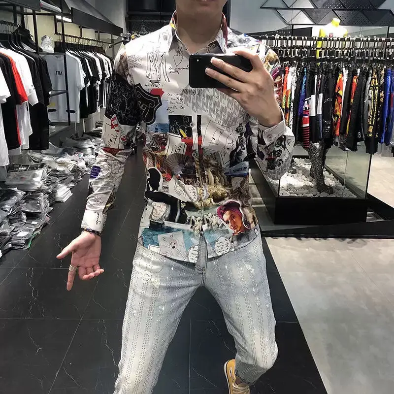 

Men's fashion shirt 2020 autumn new personalized printing slim long sleeve shirt men