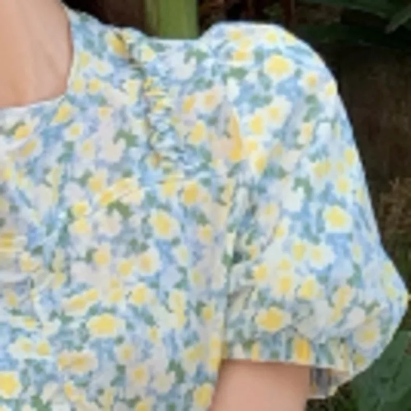 

Dresses Women Print O-neck A-line Short Puff Sleeve Floral Dress Casual Fashion Korean Vestido De Mujer 2021 Summer Vintage Robe