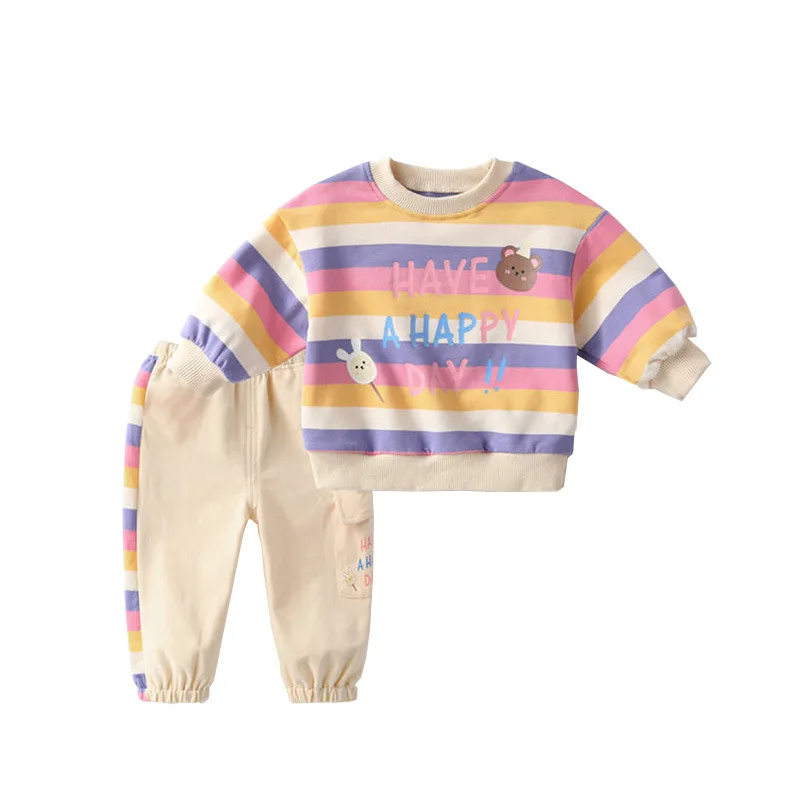

2021 Spring And Autumn Children Clothing New Male And Female Baby Color Striped Cartoon Bear Long-Sleeved Two-Piece