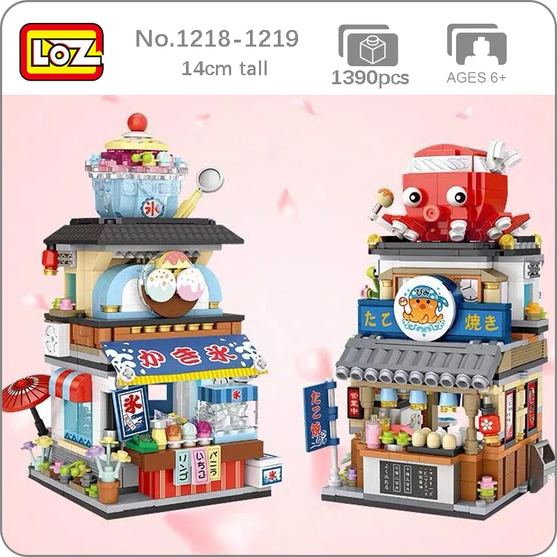 

LOZ Street Octopuss Food Restaurant Ice Cream Shop 3D Model 1390pcs DIY Mini Blocks Bricks Building Gift 2pcs for Childen