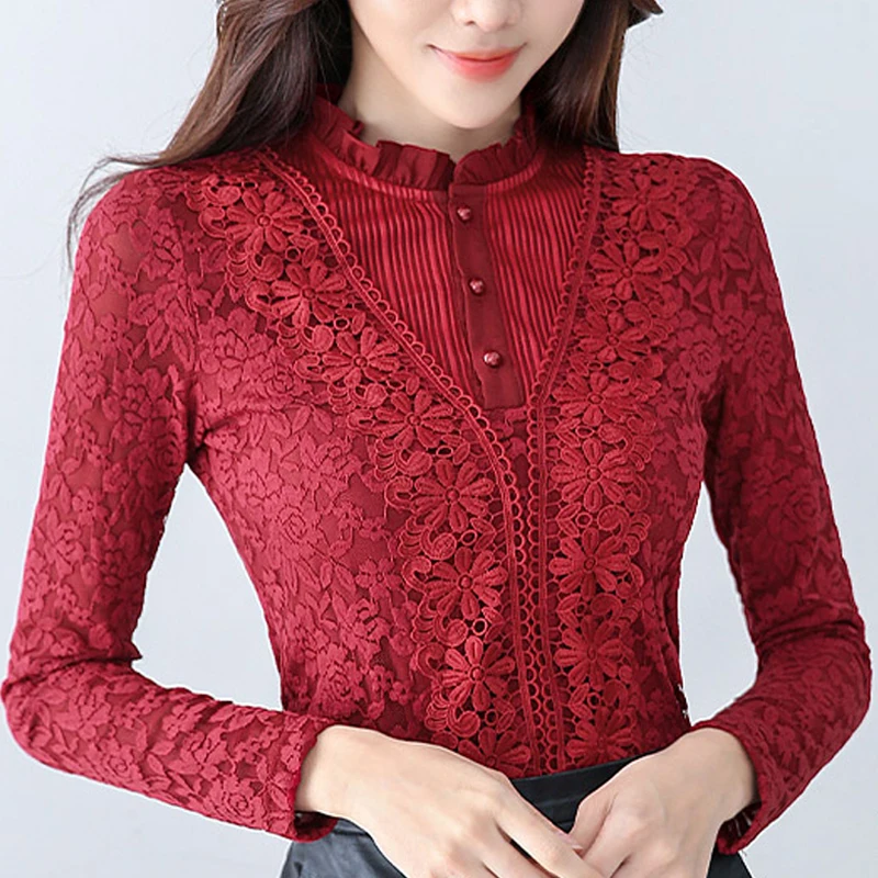 Plus Size 5XL Thick Warm Women Blouse Shirt Autumn Winter Long Sleeve Lace Top Elegant Work Wear Beautiful Blusas Lady Tops