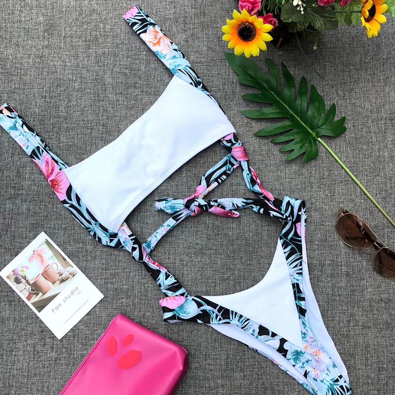 

IMANFive Women Sexy Print Patchwork Bandage Bodysuit Monokini Swimsuit 2018 Hot Sale Beachwear Padded One Piece Swimsuit S-L