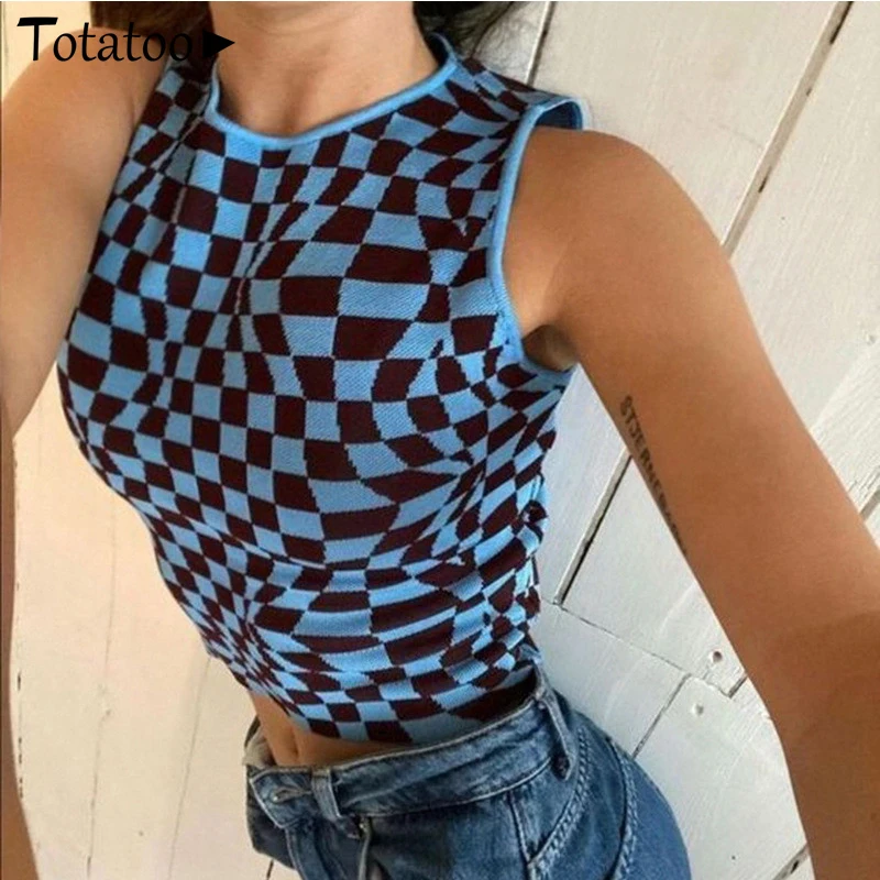 

Totatoop Plaid Sleeveless Fitness Summer Crop Top For Women 2021 Fashion Club Outfits Y2K Blue Vest Streetwear Casual Tank Top