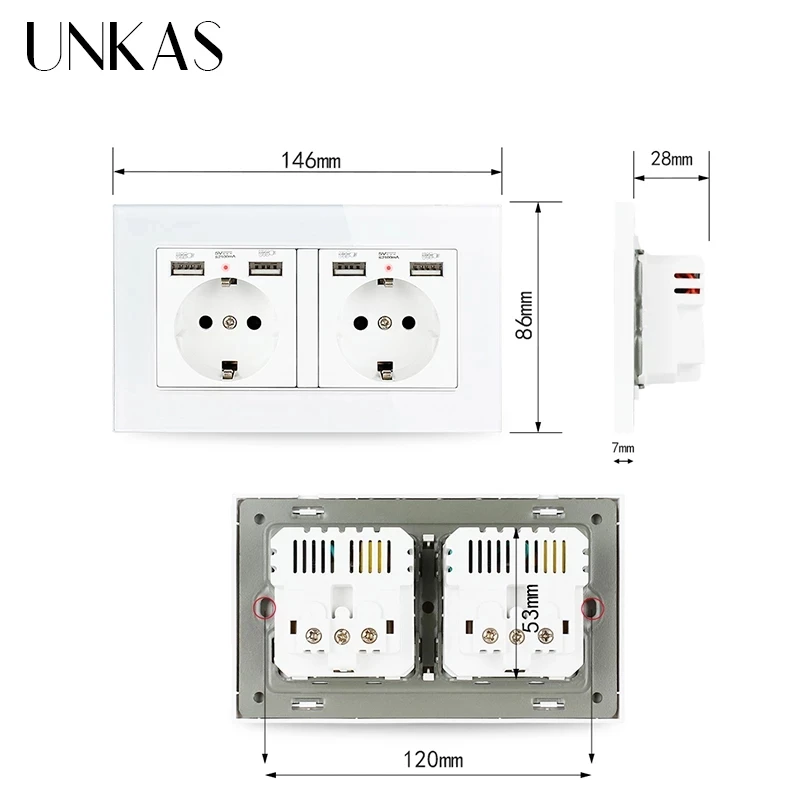 Белая стеклянная панель UNKAS европейская французская розетка с двумя USB-портами +