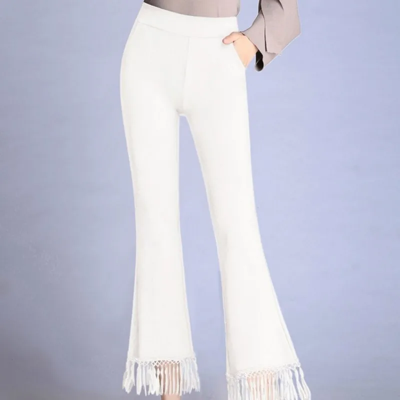 

Fashion Women Tassels Flare High Waist Slim Fit Office Ladies Ankle Length Plus Size 9XL Classic Black White Pants