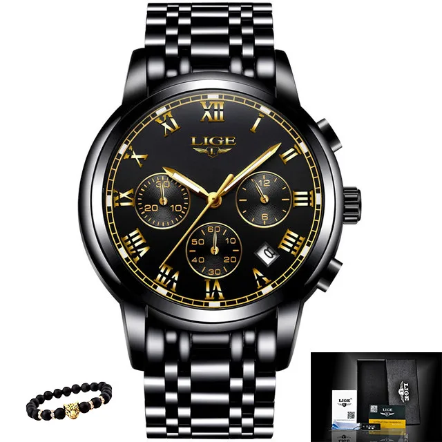 S-all black LIGE мужские часы, военные Роскошные брендовые часы, мужские кварцевые часы из нержавеющей стали, модные часы с хронографом, мужские часы - Цвет: S-all black
