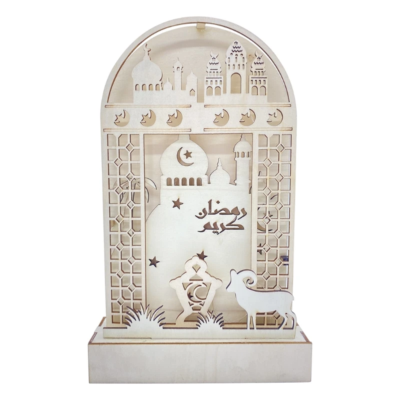 

Wooden Eid Mubarak Ornament with LED Light Ramadan Decorations for Home Islamic