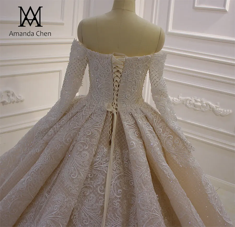 Robe de mariee с открытыми плечами Длинные рукава Кружева Аппликация блестящее свадебное платье цвета шампанского
