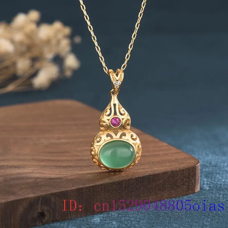 

Green Jade Gourd Pendant Women Zircon Chinese Amulet Gifts Fashion Charm 925 Silver Natural Necklace Jewelry Crystal Chalcedony