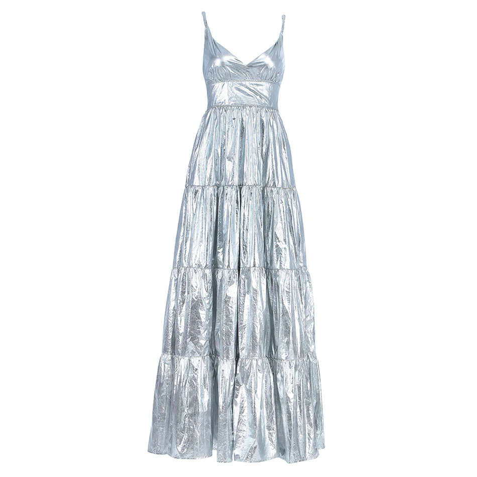 

2019 New Autumn Sexy Spaghetti V-Neck Silver Pleated Dress Shiny Party Club Costume Long Sexy Dress Vestidos Wholesale