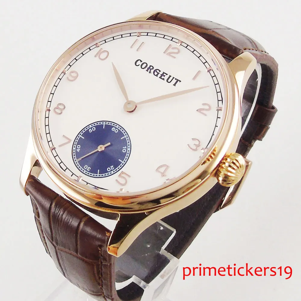 

44mm Corgeut white dial rose golden case 6498 hand winding movement mens watch 20