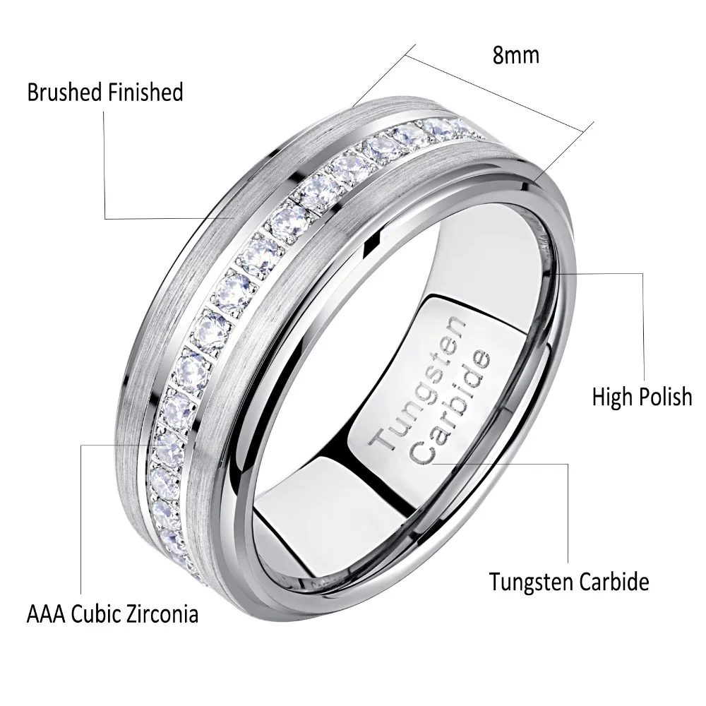 Newshe Mens Promise Wedding Band Tungsten Carbide Rings For Men Charm Ring 8mm Size 9-13 AAA White Round Zircon Jewelry TRX058
