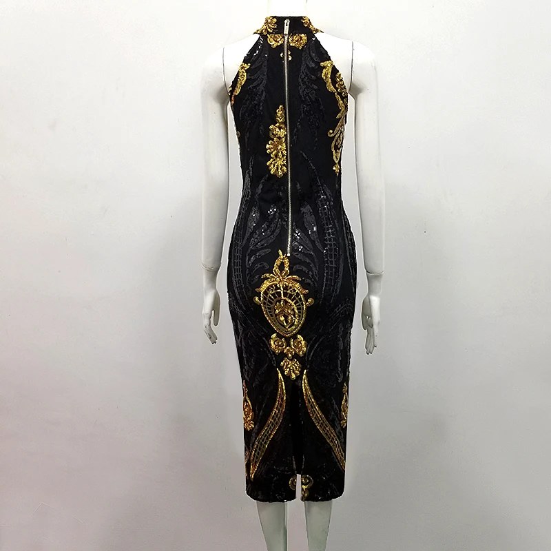 

Summer bandage dress luxury sequin embroidery dress women's party vestidos 2019 sleeveless sexy lace midi halter dress