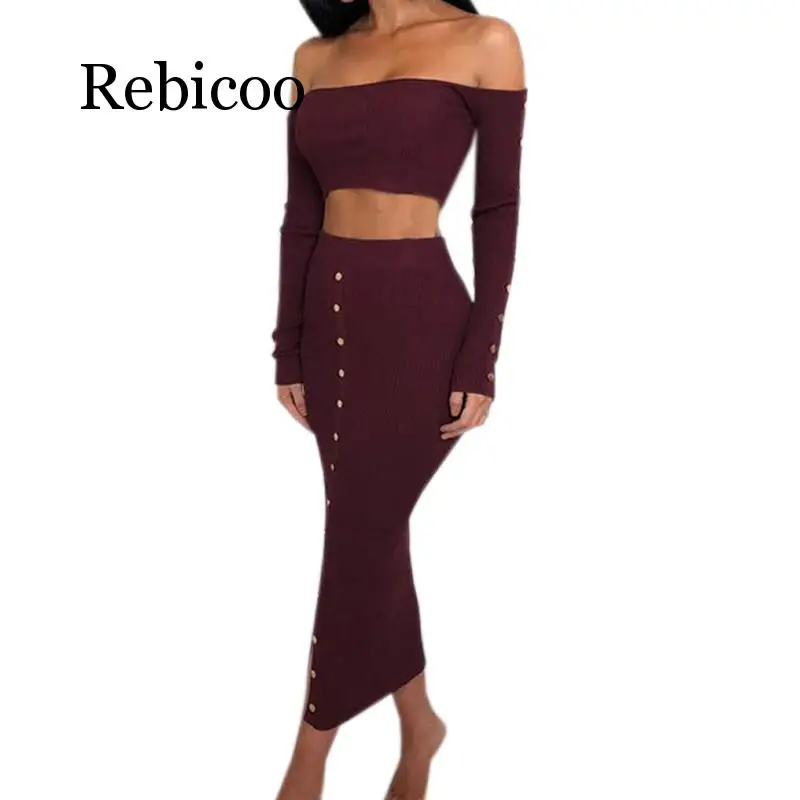 

Crop Top and Pencil Skirt Outfits Girl Off Shoulder Buttons Skinny Split Knitted Women's Sets Winter Sexy Bodycon Two Piece S