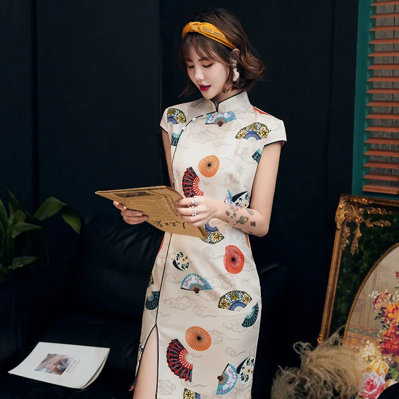 

2020 New Girl Spring Summer Cheongsam Slim Casual Women Dress Vintage Chinese Costume Short Dresses