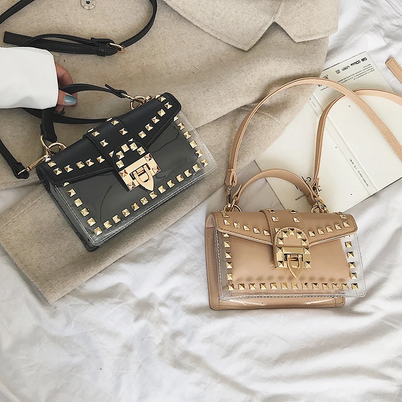 Цветные сумки женские через плечо с заклепками прозрачные из ПВХ на Женские