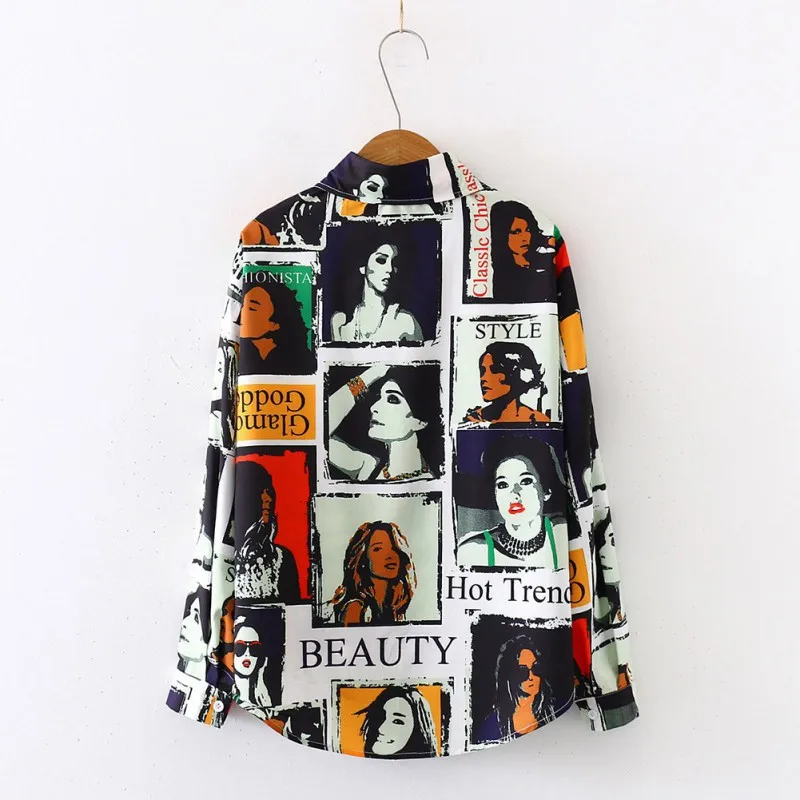 Модная женская блузка в винтажном стиле с мультяшным принтом рубашка отворотом