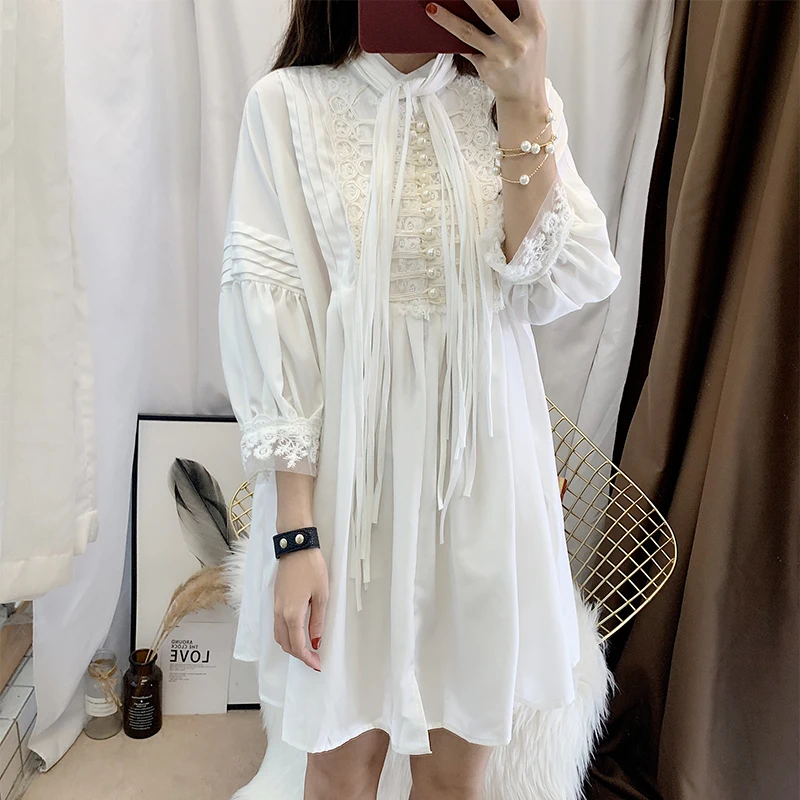 Autumn dress 2019 female very fairy French minority court lantern sleeves loose chiffon nail bead shirt skirt | Женская одежда
