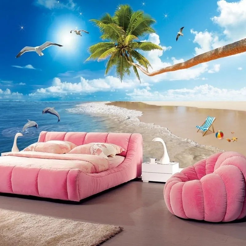 

Dropship Custom Blue Wallpaper HD Love Sea Beach Coconut Tree Wood Wallpaper 3d Foto Mural Living Room Bedroom Papel Pintado